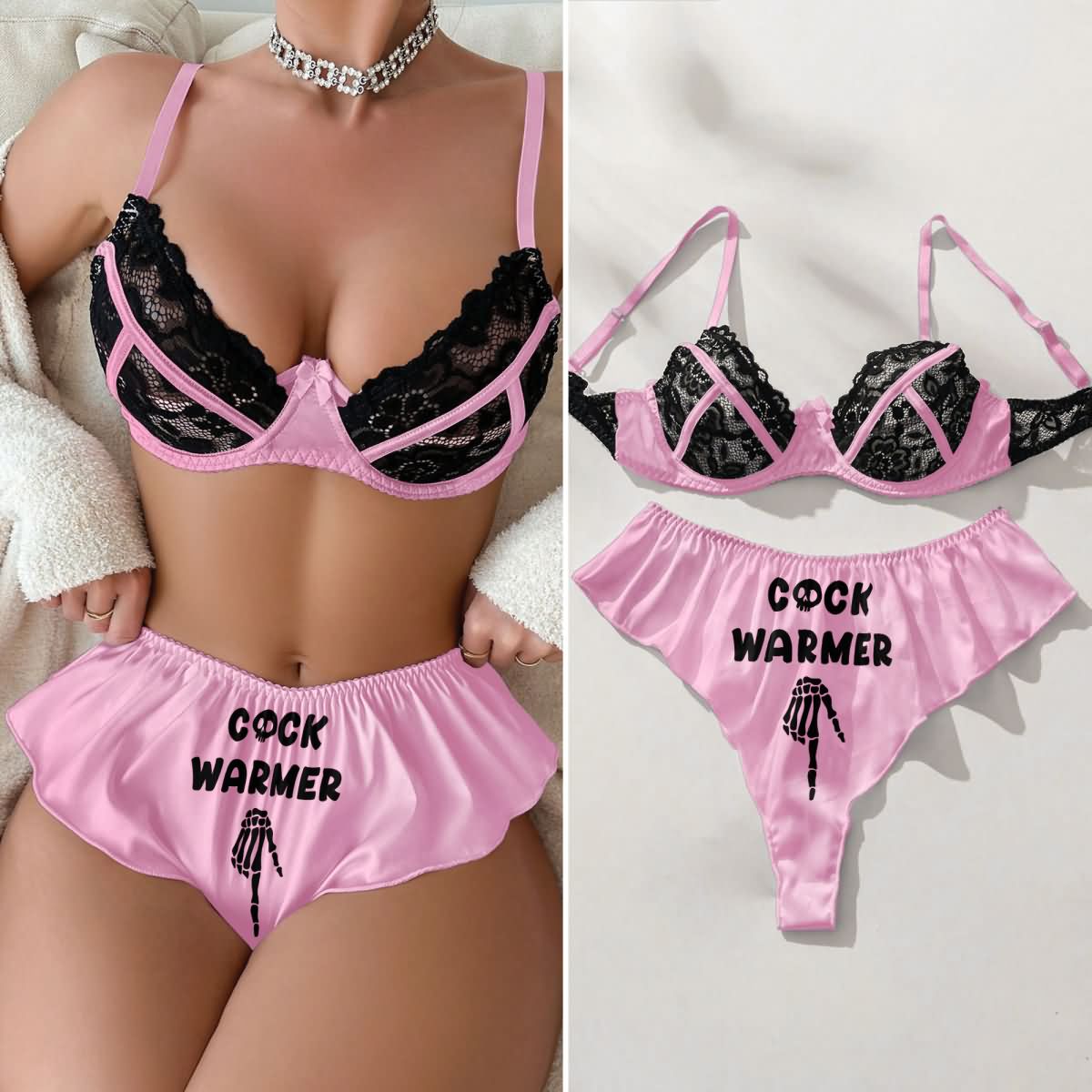 Contrast Lace Bra and Panty Set, Short Matching Underwear Sets, Hilarious Printed Design Lingerie | Wonder Skull Contrast Lace Bra and Panty Set, Short Matching Underwear Sets, Hilarious Printed Design Lingerie | Wonder Skull