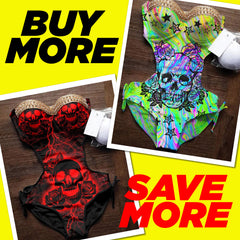 Bundle of Skull And Rose Sexy Crystal One Piece Swimwear & Red Thunder Skull Rose Luxury Cut Out One Piece Swimsuit