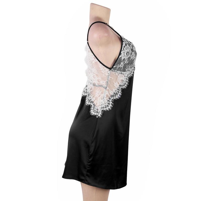 An lace nightgown with an open back design and adjustable straps. The delicate lace detailing and babydoll style provide a feminine and seductive look, while the soft and lightweight fabric ensures comfort and a flattering fit for every body type.
