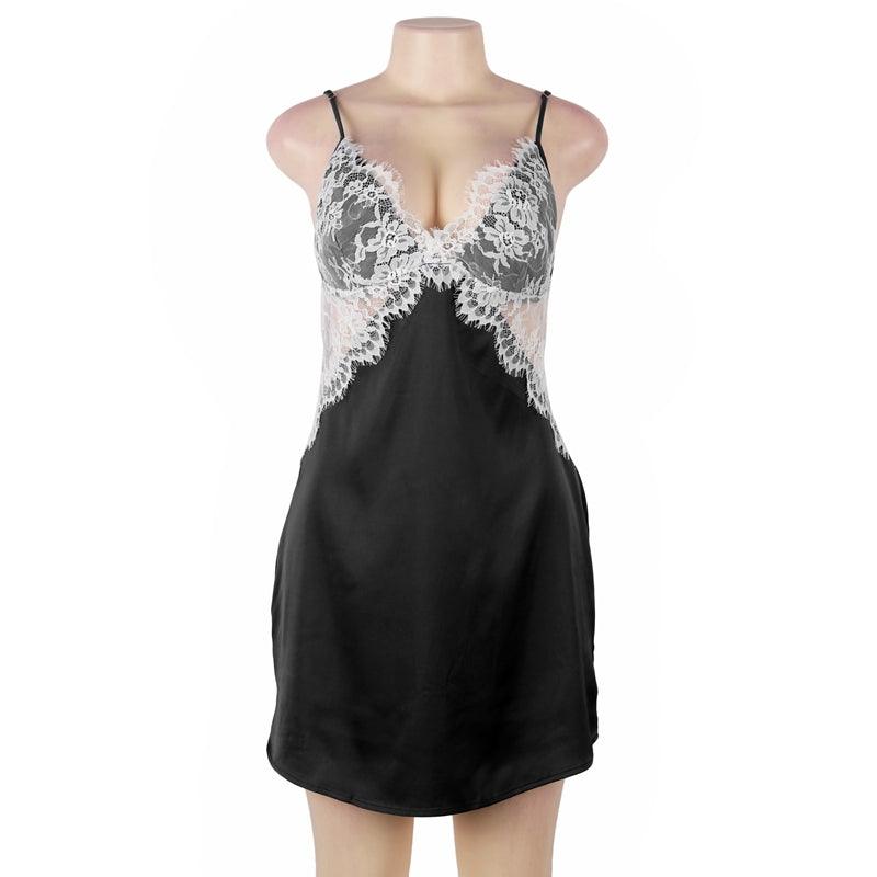 An lace nightgown with an open back design and adjustable straps. The delicate lace detailing and babydoll style provide a feminine and seductive look, while the soft and lightweight fabric ensures comfort and a flattering fit for every body type.