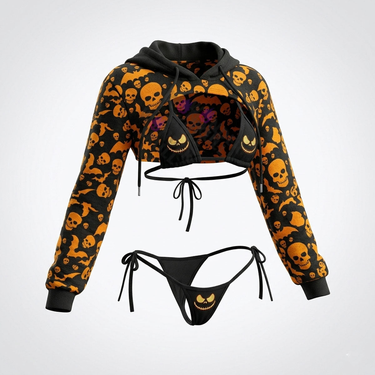 An alluring and seductive lingerie set with a gothic style, featuring intricate details and a unique print that makes it perfect for Halloween or any daring occasion. The set includes a top and bottom, both designed to fit perfectly and enhance the wearer's curves, making her feel confident and empowered.