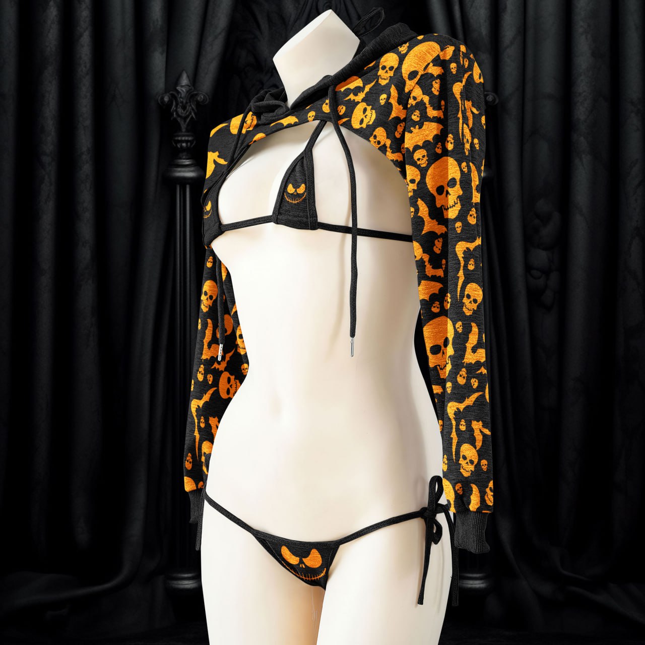 An alluring and seductive lingerie set with a gothic style, featuring intricate details and a unique print that makes it perfect for Halloween or any daring occasion. The set includes a top and bottom, both designed to fit perfectly and enhance the wearer's curves, making her feel confident and empowered.