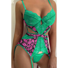 Wonder Skull Women's Lace Lingerie Set featuring a Green Emo Print Seductive Teddy Babydoll Bodysuit. Crafted with intricate lace and a unique green emo print, this bodysuit combines allure and comfort. Designed to enhance curves and provide a flattering fit, it offers an enchanting and seductive look.