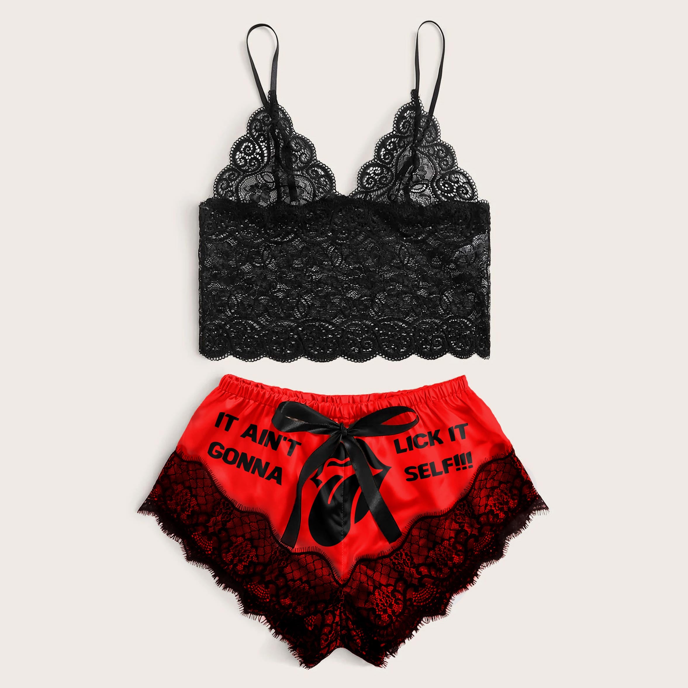 Get ready to turn up the heat with Wonder Skull Women's Lace Pajama Set, Funny Print Lingerie Sleepwear - Spicy & Sassy Red Lace Lingerie Set. Featuring an eye-catching "Lick It" print and a flirty lace trim, this set is perfect for those who love to add a touch of bold humor to their nightwear. Whether you’re lounging at home or feeling playful, this funny lingerie set is bound to make you feel confident and comfortable!