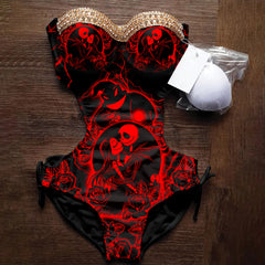 Women's One Piece Swimsuit Tummy Control, Red Nightmare Padded Push Up Bathing Suit. This striking swimsuit features trendy cut-out designs, a back buckle, and adjustable shoulder straps for a perfect fit. The bold red color and nightmare artwork add a unique and stylish touch to the classic silhouette.