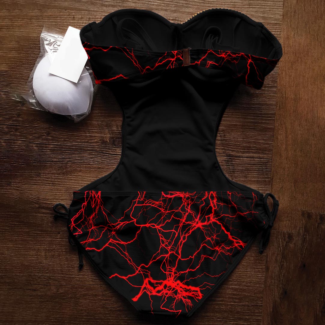 Women's One Piece Swimsuit Tummy Control, Red Nightmare Padded Push Up Bathing Suit. This striking swimsuit features trendy cut-out designs, a back buckle, and adjustable shoulder straps for a perfect fit. The bold red color and nightmare artwork add a unique and stylish touch to the classic silhouette.