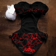 Women's One Piece Swimsuit Tummy Control, Red Nightmare Padded Push Up Bathing Suit. This striking swimsuit features trendy cut-out designs, a back buckle, and adjustable shoulder straps for a perfect fit. The bold red color and nightmare artwork add a unique and stylish touch to the classic silhouette.