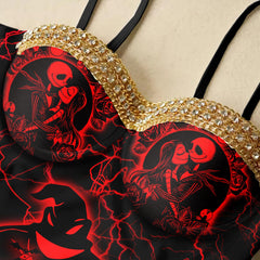 Women's One Piece Swimsuit Tummy Control, Red Nightmare Padded Push Up Bathing Suit. This striking swimsuit features trendy cut-out designs, a back buckle, and adjustable shoulder straps for a perfect fit. The bold red color and nightmare artwork add a unique and stylish touch to the classic silhouette.