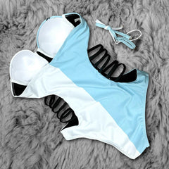 Wonder Skull playful blue and white Push Up One Piece Swimsuit, Tummy Control Cut-Out Bodysuit features a unique skull print with cartoon eyes, lace-up side cutouts, and adjustable straps for a fun and flattering fit. Designed with a push-up effect, tummy control, and UPF 50+ protection, it offers comfort, support, and versatility for all your beach or pool adventures.