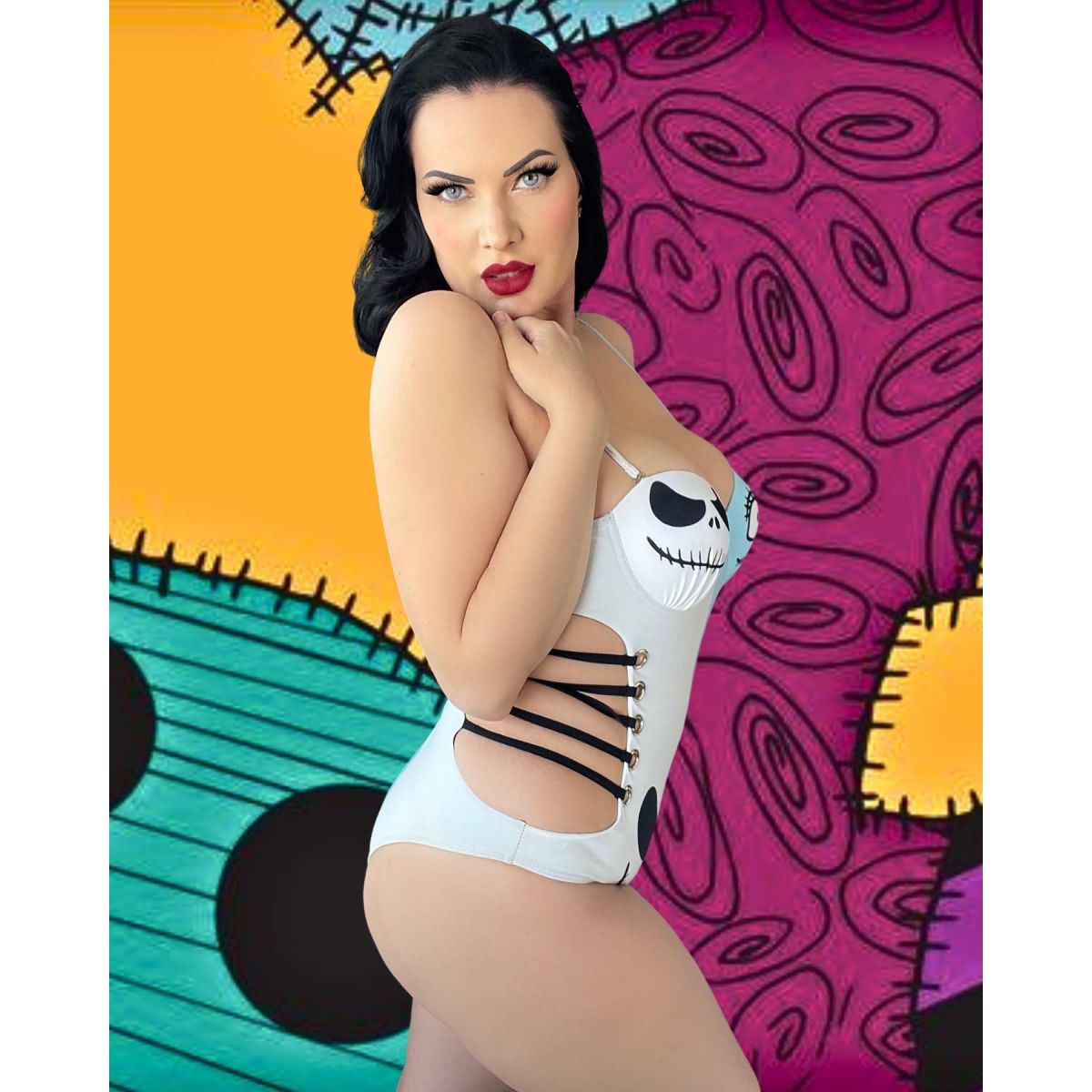 Wonder Skull playful blue and white Push Up One Piece Swimsuit, Tummy Control Cut-Out Bodysuit features a unique skull print with cartoon eyes, lace-up side cutouts, and adjustable straps for a fun and flattering fit. Designed with a push-up effect, tummy control, and UPF 50+ protection, it offers comfort, support, and versatility for all your beach or pool adventures.