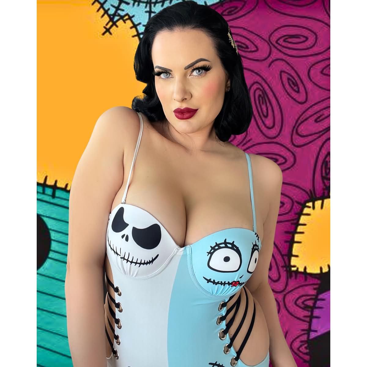 Wonder Skull playful blue and white Push Up One Piece Swimsuit, Tummy Control Cut-Out Bodysuit features a unique skull print with cartoon eyes, lace-up side cutouts, and adjustable straps for a fun and flattering fit. Designed with a push-up effect, tummy control, and UPF 50+ protection, it offers comfort, support, and versatility for all your beach or pool adventures.