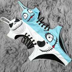 Wonder Skull playful blue and white Push Up One Piece Swimsuit, Tummy Control Cut-Out Bodysuit features a unique skull print with cartoon eyes, lace-up side cutouts, and adjustable straps for a fun and flattering fit. Designed with a push-up effect, tummy control, and UPF 50+ protection, it offers comfort, support, and versatility for all your beach or pool adventures.