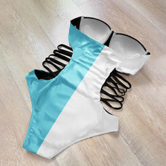 Wonder Skull playful blue and white Push Up One Piece Swimsuit, Tummy Control Cut-Out Bodysuit features a unique skull print with cartoon eyes, lace-up side cutouts, and adjustable straps for a fun and flattering fit. Designed with a push-up effect, tummy control, and UPF 50+ protection, it offers comfort, support, and versatility for all your beach or pool adventures.