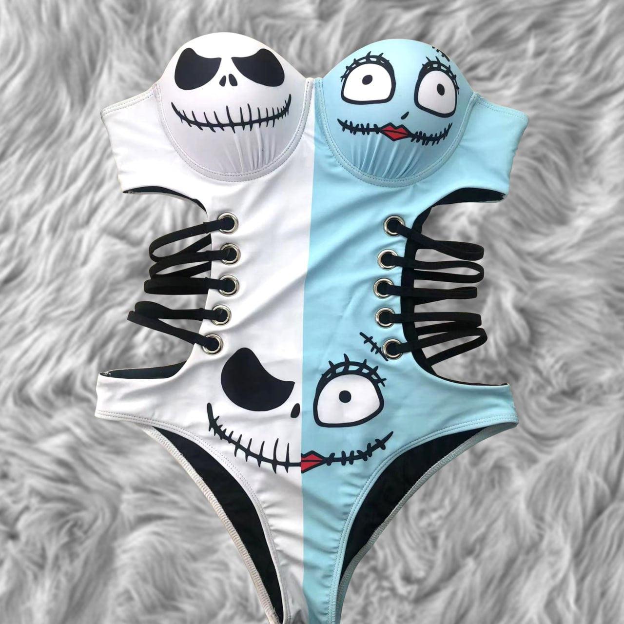Wonder Skull playful blue and white Push Up One Piece Swimsuit, Tummy Control Cut-Out Bodysuit features a unique skull print with cartoon eyes, lace-up side cutouts, and adjustable straps for a fun and flattering fit. Designed with a push-up effect, tummy control, and UPF 50+ protection, it offers comfort, support, and versatility for all your beach or pool adventures.