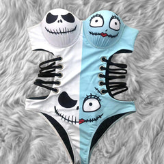 Wonder Skull playful blue and white Push Up One Piece Swimsuit, Tummy Control Cut-Out Bodysuit features a unique skull print with cartoon eyes, lace-up side cutouts, and adjustable straps for a fun and flattering fit. Designed with a push-up effect, tummy control, and UPF 50+ protection, it offers comfort, support, and versatility for all your beach or pool adventures.