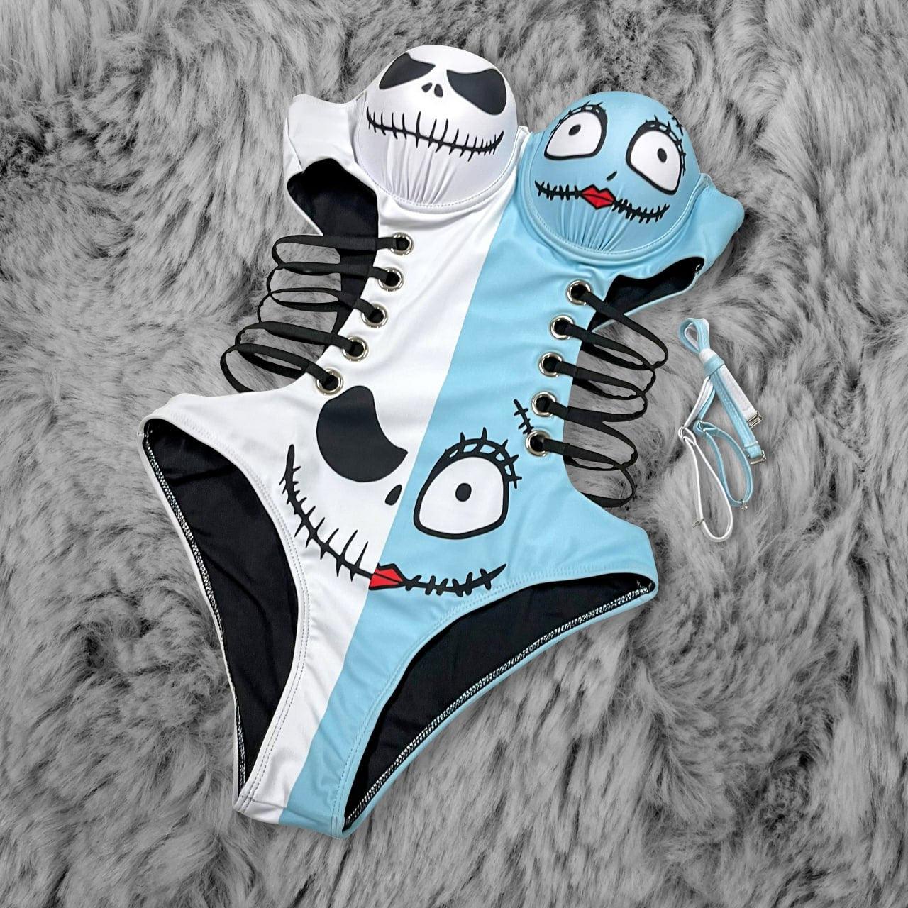 Wonder Skull playful blue and white Push Up One Piece Swimsuit, Tummy Control Cut-Out Bodysuit features a unique skull print with cartoon eyes, lace-up side cutouts, and adjustable straps for a fun and flattering fit. Designed with a push-up effect, tummy control, and UPF 50+ protection, it offers comfort, support, and versatility for all your beach or pool adventures.