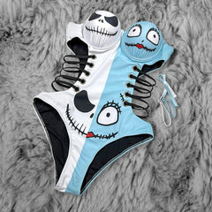 Wonder Skull playful blue and white Push Up One Piece Swimsuit, Tummy Control Cut-Out Bodysuit features a unique skull print with cartoon eyes, lace-up side cutouts, and adjustable straps for a fun and flattering fit. Designed with a push-up effect, tummy control, and UPF 50+ protection, it offers comfort, support, and versatility for all your beach or pool adventures.