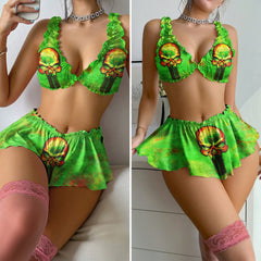 women's pajama set featuring a green skull art design. The top is adorned with ruffles, has good stretch, and a removable pad for comfortable wear all night long. The bottom part features a short cut with ruffles on the hem, allowing for a comfortable yet sexy look. Perfect for lounging or wearing out, just pair it with your favorite shirt. The vintage-inspired design adds a touch of retro charm to your wardrobe.