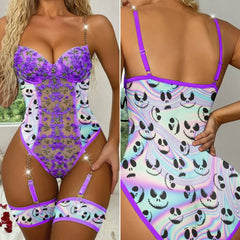 Show off your personality without giving up comfort in the Wonder Skull holographic bodysuit and garter set. The stretchy fabric moves with you, while underwire cups provide secure support. Sheer mesh panels keep you cool, and adjustable straps and garter clips ensure a perfect fit. Purple floral lace adds a feminine touch to the bold print, striking a balance between edgy and elegant. Feel confident the moment you put it on.