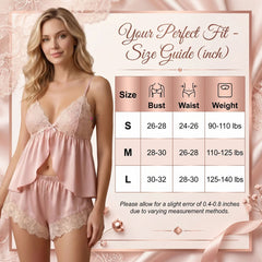Wonder Skull blush pink satin babydoll set is made from buttery-smooth chiffon, making bedtime feel special. The delicate cream lace adds a romantic, non-scratchy touch. Its split-front design offers cool airflow and a beautiful drape, while adjustable straps and a tie-back closure ensure a custom fit. The set includes matching shorts with floral lace trim for a complete look. Whether sleeping or lounging, this set combines femininity and comfort.