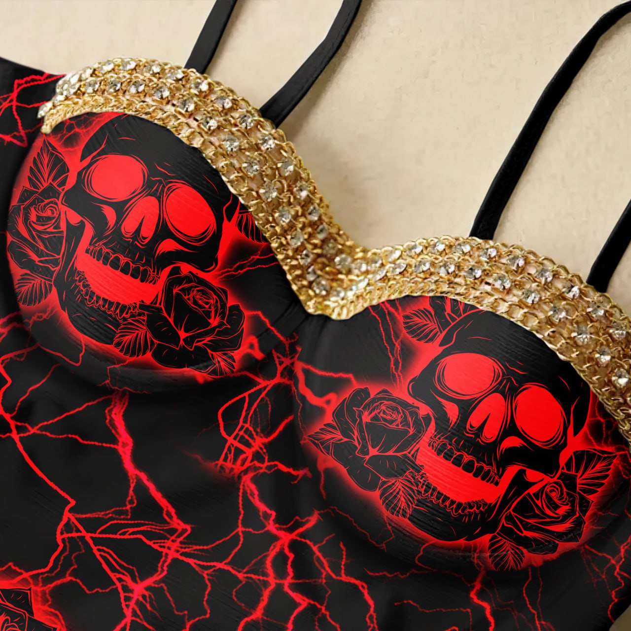 Wonder Skull Cut Out Bikini Red Skull One Pice Swimsuit features a striking red skull and rose design with lightning details, accented by subtle gold crystals for added style. Its tummy control fit and adjustable straps offer comfort and confidence, while the high-quality stretch fabric ensures durability and flexibility. Perfect for days by the water or relaxing with loved ones, this swimsuit combines individuality, comfort, and support.