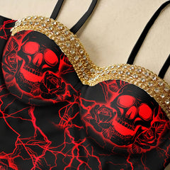 Wonder Skull Cut Out Bikini Red Skull One Pice Swimsuit features a striking red skull and rose design with lightning details, accented by subtle gold crystals for added style. Its tummy control fit and adjustable straps offer comfort and confidence, while the high-quality stretch fabric ensures durability and flexibility. Perfect for days by the water or relaxing with loved ones, this swimsuit combines individuality, comfort, and support.