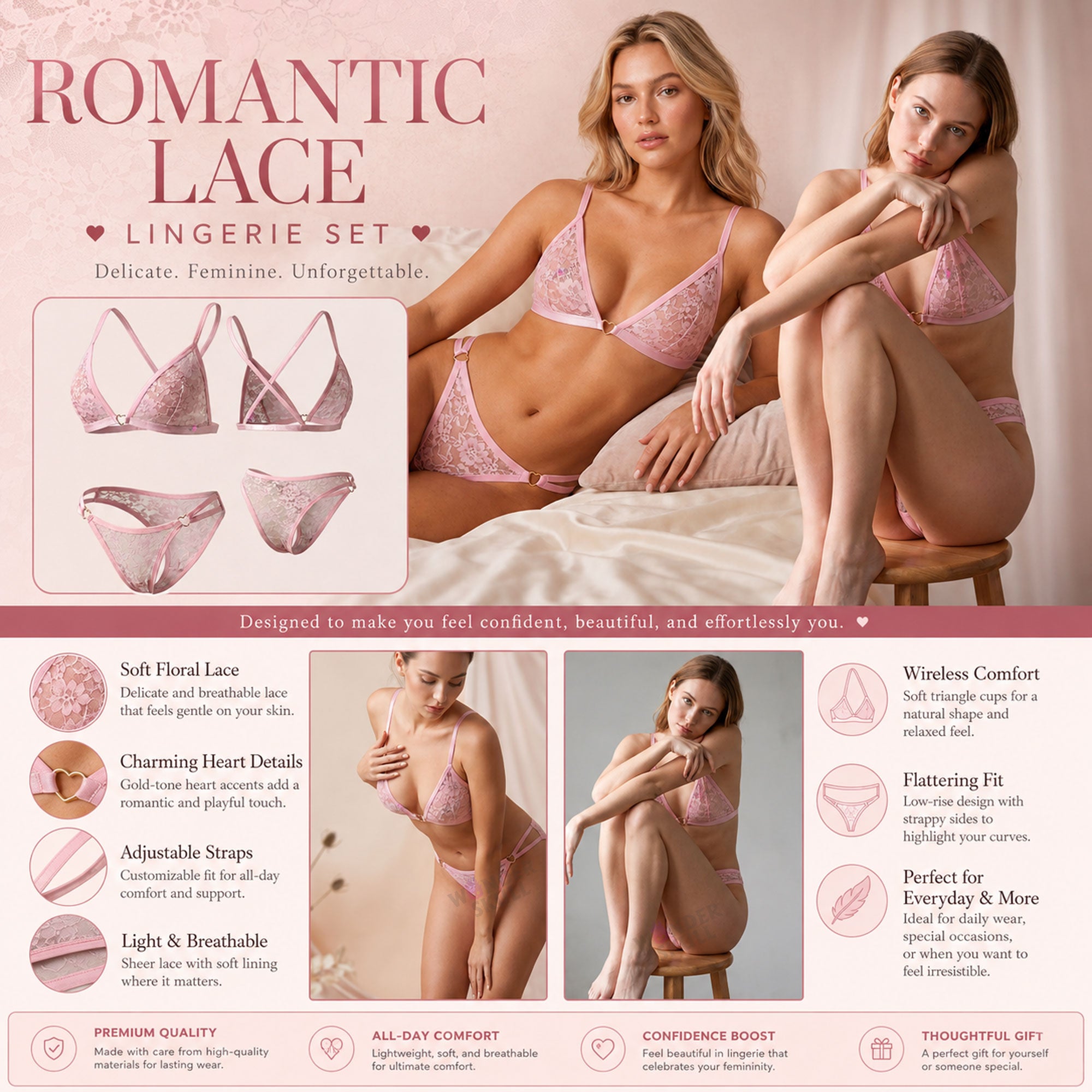 Stay cool and comfortable with the Wonder Skull Dusty Pink Lace 2-Piece Lingerie Set. It features breathable all-over lace that feels soft against your skin. The wire-free soft cup construction lets you move freely without painful underwire, and adjustable straps allow you to customize the fit. Soft scalloped edges prevent scratching or irritation, while sweet satin ribbon bows add a touch of romantic charm. Available in classic black or soft lavender, this matching set makes your sleep routine feel special