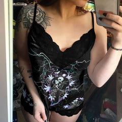 Elevate your sleepwear with the Wonder Skull Electric Rose Gothic Lace Pajama Set. Featuring bold designs like the Lightning Kissed Cami and Love in the Dark set, it combines soft lace, breathable fabrics, and daring details for comfort and style. Perfect for a chic, edgy look.