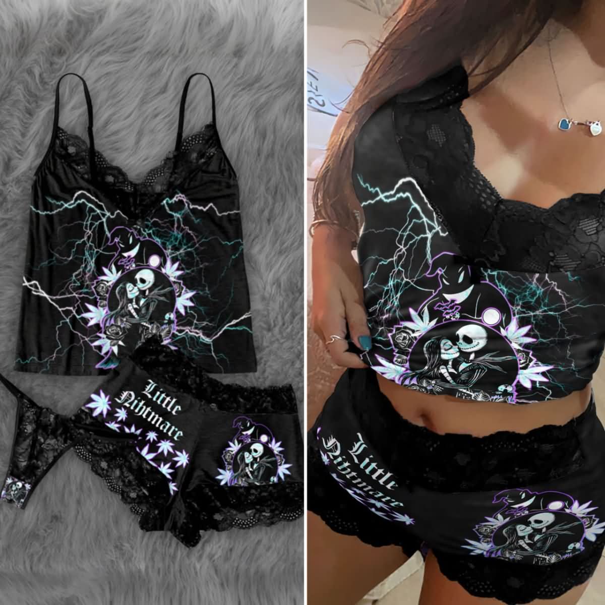 Elevate your sleepwear with the Wonder Skull Electric Rose Gothic Lace Pajama Set. Featuring bold designs like the Lightning Kissed Cami and Love in the Dark set, it combines soft lace, breathable fabrics, and daring details for comfort and style. Perfect for a chic, edgy look.