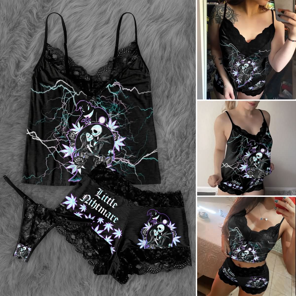 Elevate your sleepwear with the Wonder Skull Electric Rose Gothic Lace Pajama Set. Featuring bold designs like the Lightning Kissed Cami and Love in the Dark set, it combines soft lace, breathable fabrics, and daring details for comfort and style. Perfect for a chic, edgy look.