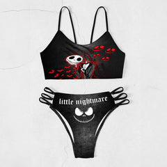 High-Waisted Bikini Set, Unique Gothic Skull Bat Edgy Swimwear