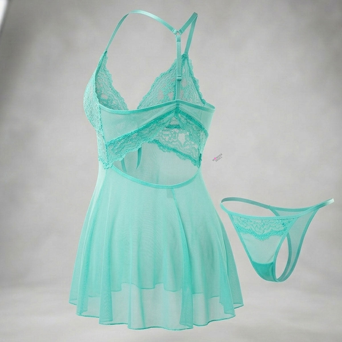 Stay cool and confident in the Wonder Skull Mint Lace Sleepwear Set. The breathable mesh moves with you, while the soft lace cups are gentle on your skin. An open back provides extra airflow to keep you from overheating. With adjustable halter straps for a custom fit and a flattering A-line skirt, this set includes a matching thong to complete the look.