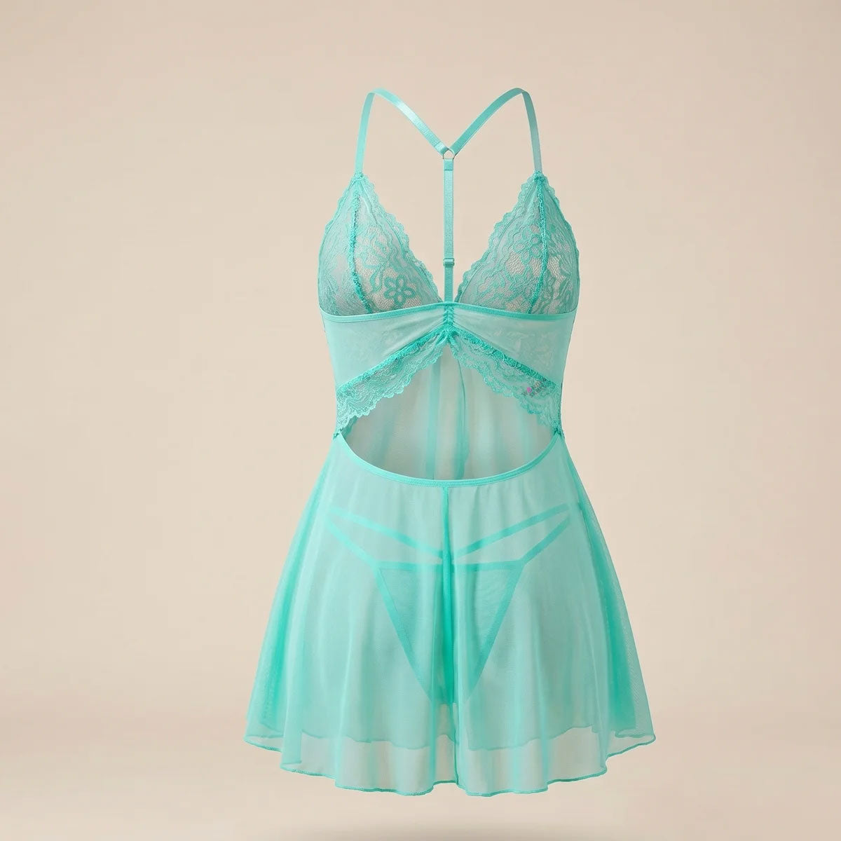 Stay cool and confident in the Wonder Skull Mint Lace Sleepwear Set. The breathable mesh moves with you, while the soft lace cups are gentle on your skin. An open back provides extra airflow to keep you from overheating. With adjustable halter straps for a custom fit and a flattering A-line skirt, this set includes a matching thong to complete the look.