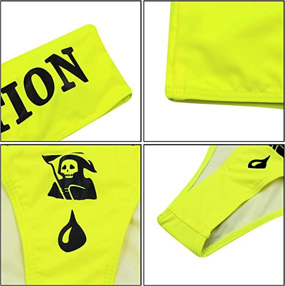 Make a splash with the Wonder Skull Neon Yellow Caution Tape Bikini Set. This bold bandeau top features a grippy lining to stay secure, while the stretchy, quick-dry fabric ensures all-day comfort. With daring caution tape and skull graphics, this supportive two-piece set is perfect for making a statement by the pool.