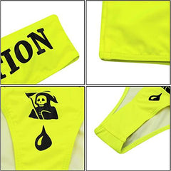 Make a splash with the Wonder Skull Neon Yellow Caution Tape Bikini Set. This bold bandeau top features a grippy lining to stay secure, while the stretchy, quick-dry fabric ensures all-day comfort. With daring caution tape and skull graphics, this supportive two-piece set is perfect for making a statement by the pool.