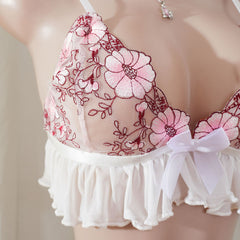 Wonder Skull Pink Floral Lace Embroidered Ruffle Bralette and Panty Set offers a feminine look without uncomfortable squeezing or digging. Its wire-free, soft cup design and breathable mesh fabric allow for natural movement while keeping you cool. The smooth floral embroidery adds a touch of romance without causing irritation. Adjustable straps and a hook-and-eye closure ensure a custom, secure fit. Finished with sweet white ruffle trim and satin bows, this set is designed to make you feel both beautiful an