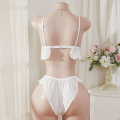 Wonder Skull Pink Floral Lace Embroidered Ruffle Bralette and Panty Set offers a feminine look without uncomfortable squeezing or digging. Its wire-free, soft cup design and breathable mesh fabric allow for natural movement while keeping you cool. The smooth floral embroidery adds a touch of romance without causing irritation. Adjustable straps and a hook-and-eye closure ensure a custom, secure fit. Finished with sweet white ruffle trim and satin bows, this set is designed to make you feel both beautiful an