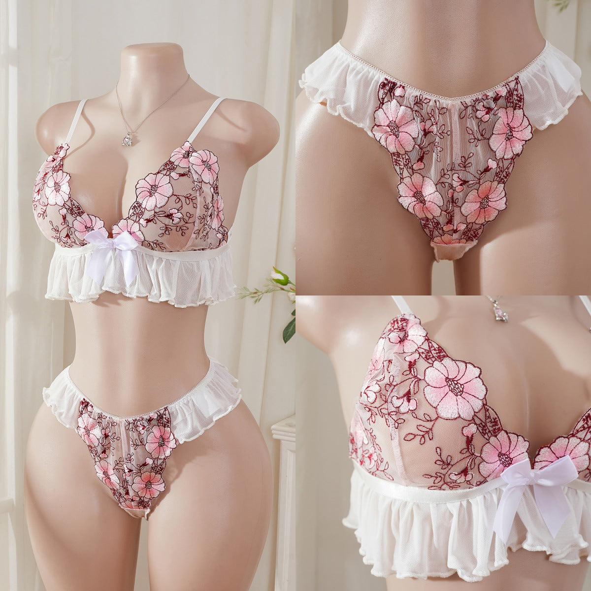 Wonder Skull Pink Floral Lace Embroidered Ruffle Bralette and Panty Set offers a feminine look without uncomfortable squeezing or digging. Its wire-free, soft cup design and breathable mesh fabric allow for natural movement while keeping you cool. The smooth floral embroidery adds a touch of romance without causing irritation. Adjustable straps and a hook-and-eye closure ensure a custom, secure fit. Finished with sweet white ruffle trim and satin bows, this set is designed to make you feel both beautiful an