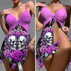 Wonder Skull Purple Roses Skull Lace Nightgown Babydoll Sleepwear Set combines sweet and edgy details with silver skull accents, rose patterns, and a playful satin bow. Made from lightweight fabric with a jagged hem for a daring vibe, it comes with a matching thong for a complete, confident look. Perfect for those who love romantic yet rebellious styles.