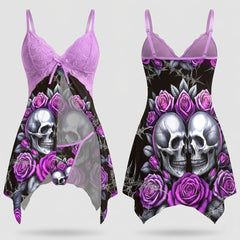 Purple Roses Skull Lace Nightgown Babydoll Sleepwear Set