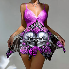 Wonder Skull Purple Roses Skull Lace Nightgown Babydoll Sleepwear Set combines sweet and edgy details with silver skull accents, rose patterns, and a playful satin bow. Made from lightweight fabric with a jagged hem for a daring vibe, it comes with a matching thong for a complete, confident look. Perfect for those who love romantic yet rebellious styles.