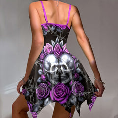 Wonder Skull Purple Roses Skull Lace Nightgown Babydoll Sleepwear Set combines sweet and edgy details with silver skull accents, rose patterns, and a playful satin bow. Made from lightweight fabric with a jagged hem for a daring vibe, it comes with a matching thong for a complete, confident look. Perfect for those who love romantic yet rebellious styles.
