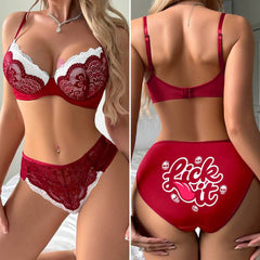 Wonder Skull Red Lace Lingerie Set provides confident support with playful details. Padded underwire cups lift and shape without digging, and the soft floral lace feels gentle on your skin. White lace ruffles add a romantic contrast. The high-waisted panty smooths and flatters, featuring full lace coverage in front and a cheeky, skull-accented graphic print on the back. Adjustable straps and a secure hook closure ensure a comfortable, customized fit.
