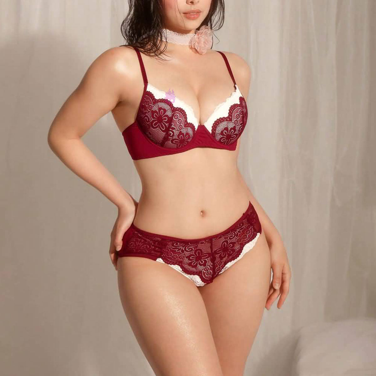Wonder Skull Red Lace Lingerie Set provides confident support with playful details. Padded underwire cups lift and shape without digging, and the soft floral lace feels gentle on your skin. White lace ruffles add a romantic contrast. The high-waisted panty smooths and flatters, featuring full lace coverage in front and a cheeky, skull-accented graphic print on the back. Adjustable straps and a secure hook closure ensure a comfortable, customized fit.