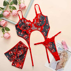 Wonder Skull Red Mischief Skull Lace Garter Bodysuit blends edgy gothic details with seductive style. Featuring skull patterns, red embroidery, and adjustable straps for comfort, it’s perfect for boosting confidence and making a bold statement.