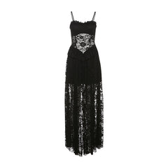 Romatic Gothic Black Lace Dress, Sexy See Through Long Partywear For Women