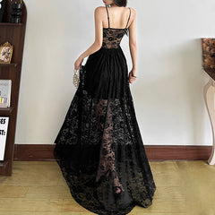 Romatic Gothic Black Lace Dress, Sexy See Through Long Partywear For Women
