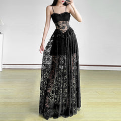 Romatic Gothic Black Lace Dress, Sexy See Through Long Partywear For Women
