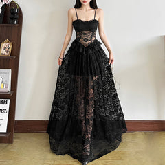 Romatic Gothic Black Lace Dress, Sexy See Through Long Partywear For Women