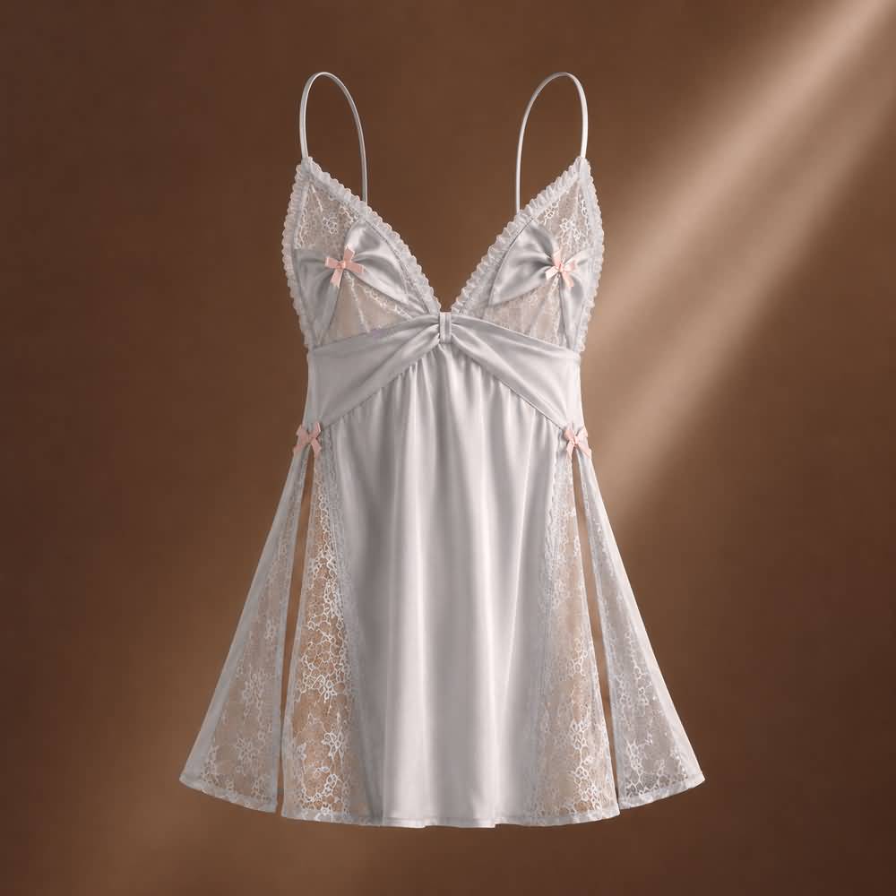 Wonder Skull White Lace Chemise is made from buttery-soft satin that feels amazing against your skin. Lace side panels provide cool airflow for all-night comfort, and the adjustable criss-cross back stays securely in place. A low open back adds a flirty detail, while the flattering A-line silhouette creates a beautiful shape. Sweet pink satin bows add a touch of romantic charm.